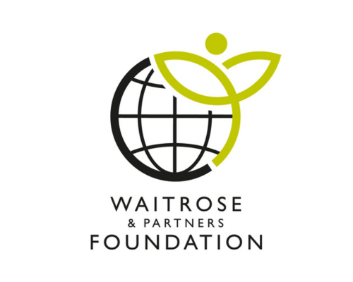 Waitrose and Partners Foundation logo: black text with a black and green logo depicting a globe and leaf