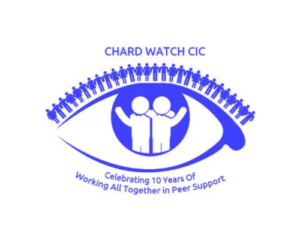 Chard Watch CIC logo: a blue eye, with two figures with their arms around each other as the pupil, and a number of figures as the eyelashes.