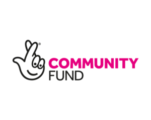 National Lottery Community Fund logo: black and pink text next to illustration of a hand with crossed fingers