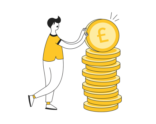 Stylised cartoon image of a figure standing next to a stack of large coins